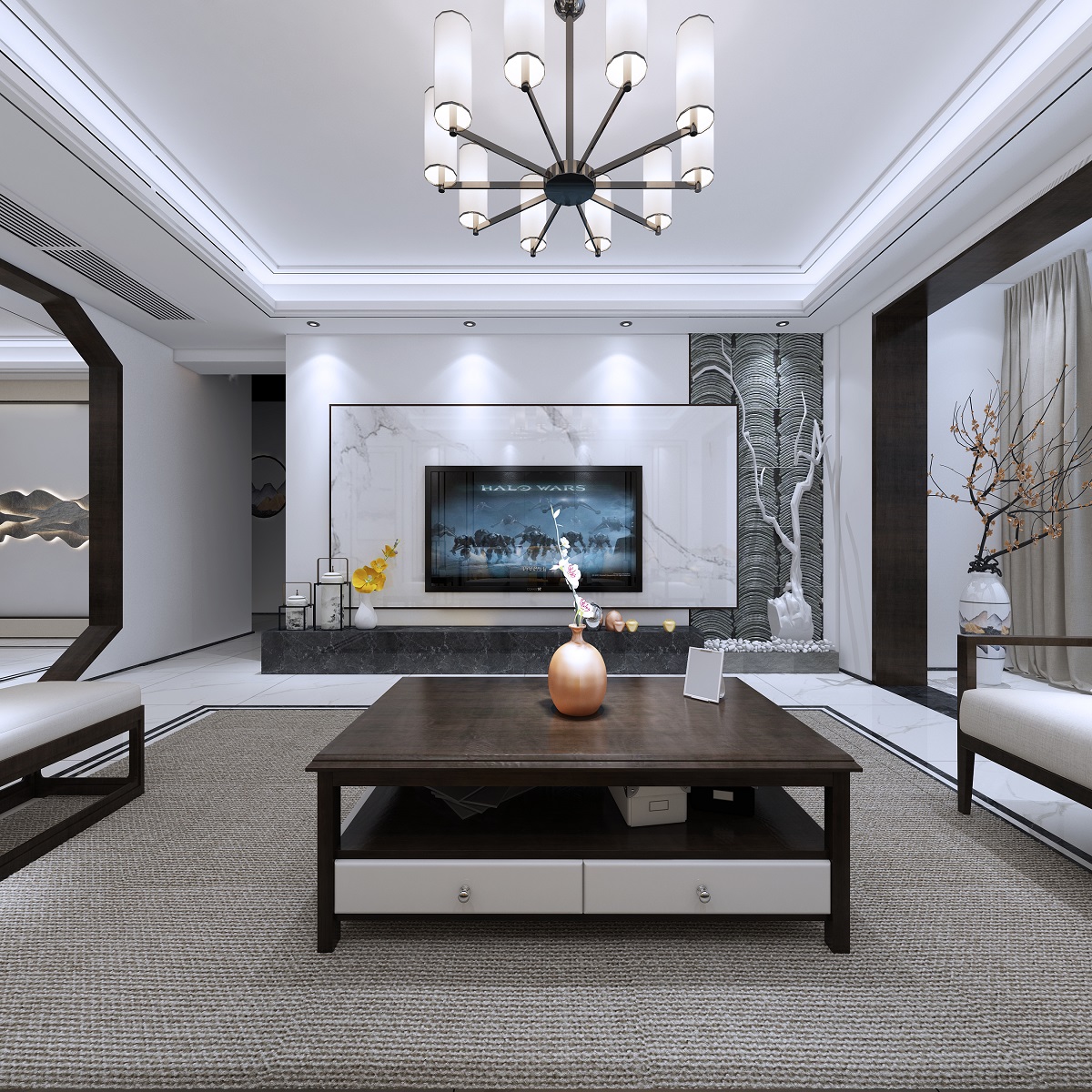 新中式风格室内装修设计效果图-中海文华熙岸三居115平米-室内装修设计客厅