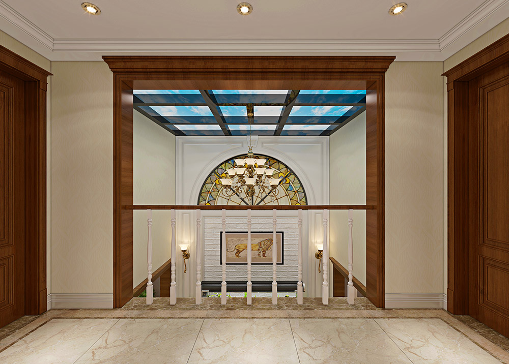 包头小白河别墅320平米简美风格装修案例-二楼走廊