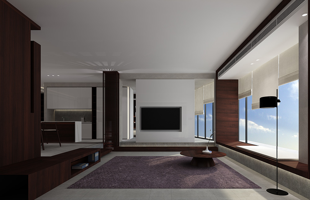 新中式风格室内装修设计效果图-雅颂流花君庭平层-室内客厅电视墙装修设计